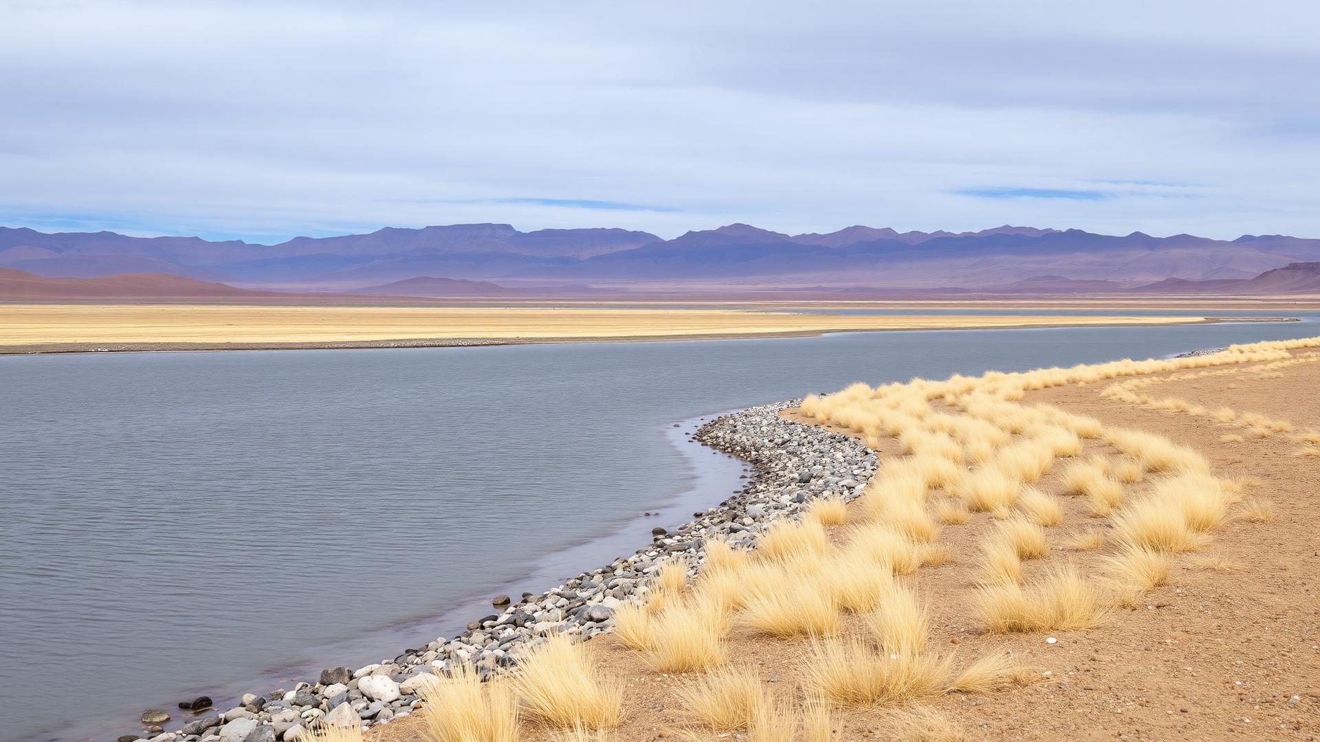 Laguna altiplánica con orilla de piedras y pastizales (imagen de referencia)