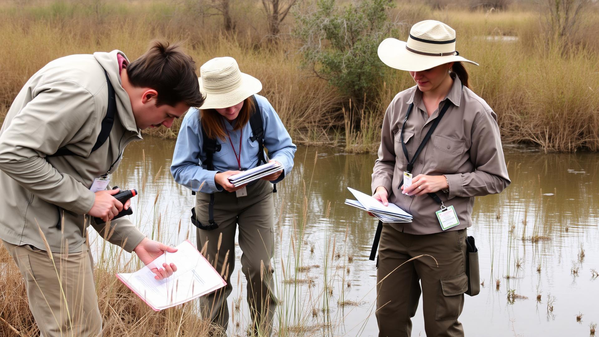Equipo de terreno registrando información ambiental junto al humedal (imagen de referencia)