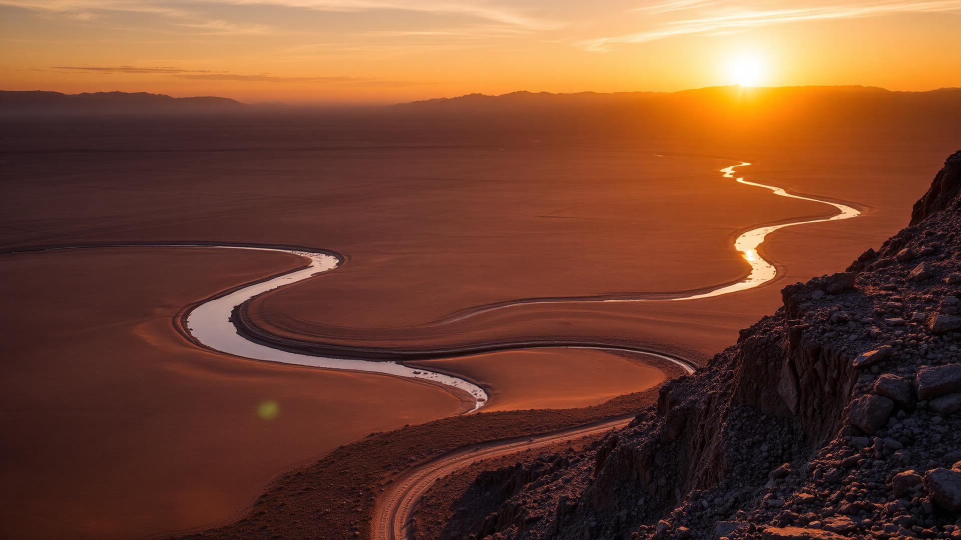 Altiplano al atardecer con un curso de agua atravesando la planicie (imagen de referencia)